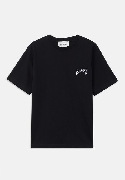 Schwarzes Baumwoll-T-Shirt mit kurzen Ärmeln, rundem Ausschnitt und weißem "Iceberg"-Logo, das auf der linken Brustseite gestickt ist. Glatte Textur.