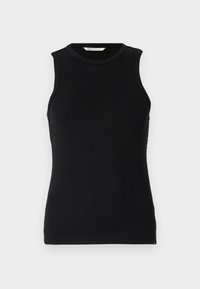 Svart ermeløs ribbestrikket tanktop med rund hals. Har en slank passform og subtile sidedrag i kanten. Myk, strukturert stoff.