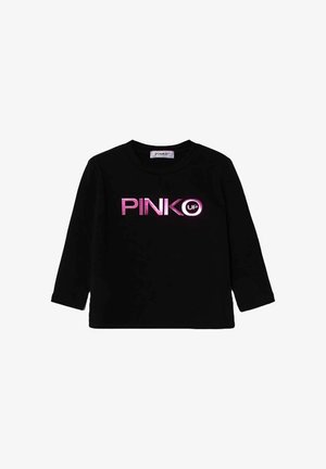 T-shirt nera a maniche lunghe in cotone, con un logo lucido rosa "PINKO UP" sulla parte anteriore. Design classico a girocollo.