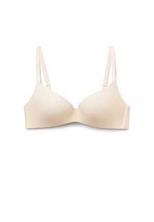 Beige gevoerde bh met verstelbare bandjes, gladde stof en naadloos ontwerp. Voorzien van een haak-en-oogsluiting aan de achterkant.