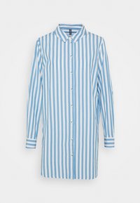 Blue and white striped shirt with long sleeves, button-down front, classic collar, and contrasting striped cuffs, made from lightweight fabric.