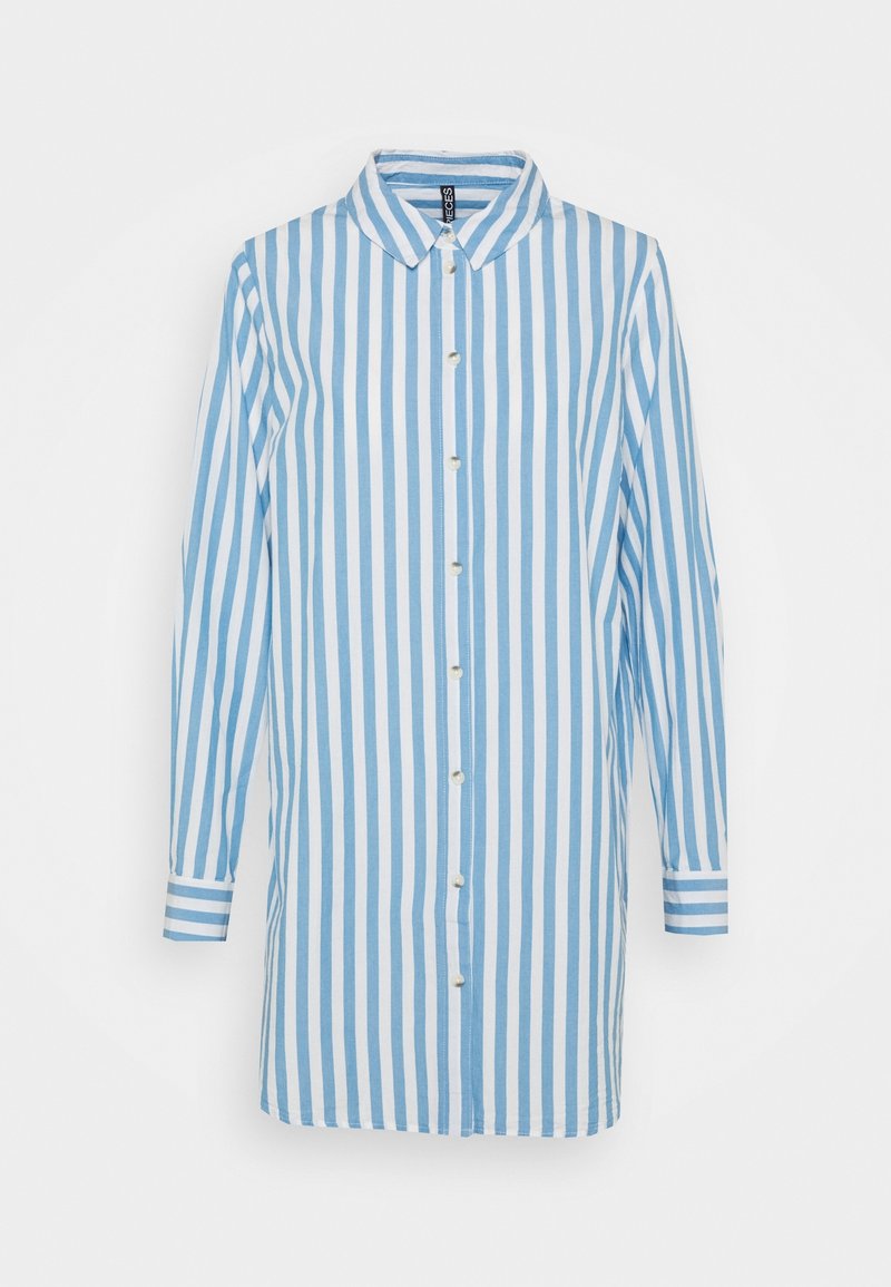 Blue and white striped shirt with long sleeves, button-down front, classic collar, and contrasting striped cuffs, made from lightweight fabric.