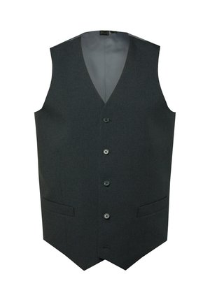 Chaleco gris, diseño sin mangas, con un profundo escote en V, cierre de cinco botones, dos bolsillos frontales, forro interior suave y tela texturizada.