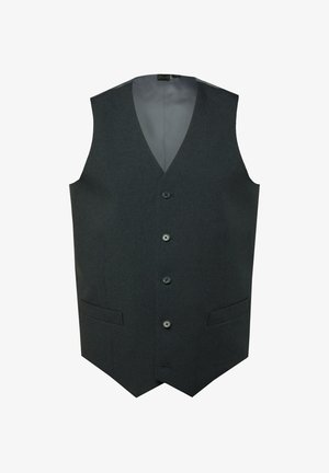 Grå vest, ærmeløs design, med dyb V-udskæring, fem knaplukninger, to forlommer, glat indvendig foring og tekstureret stof.