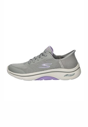 Lightweight gray athletic shoe with breathable mesh upper, purple accents, cushioned white sole, and distinct arch support design.