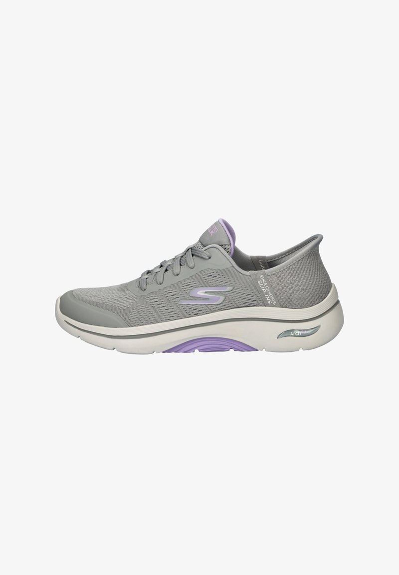 Lightweight gray athletic shoe with breathable mesh upper, purple accents, cushioned white sole, and distinct arch support design.