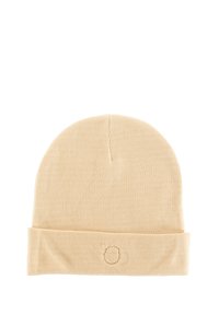 Berretto lavorato a maglia a coste beige con risvolto e un sottile ricamo circolare sul risvolto anteriore.