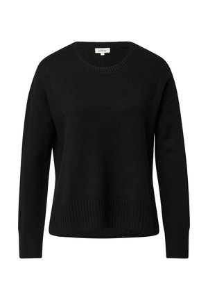 Maglione nero lavorato a maglia con collo tondo, vestibilità comoda, polsini e orlo a coste. Texture liscia, maniche lunghe e senza motivi visibili.