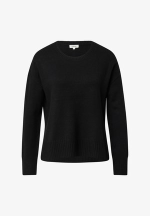 Maglione nero lavorato a maglia con collo tondo, vestibilità comoda, polsini e orlo a coste. Texture liscia, maniche lunghe e senza motivi visibili.