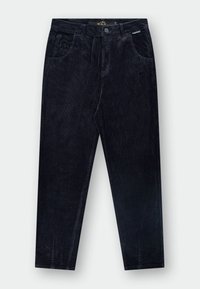 Zwarte corduroy broek met een recht model, voorzien van voorzakken en een knoopsluiting. Zachte textuur met fijne ribbeldetails.