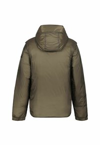 Olivgrüne Pufferjacke mit Kapuze, ausgestattet mit einer glatten, glänzenden Textur und elastischen Bündchen. Schlichtes Design, keine sichtbaren Beschläge oder Akzente.