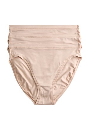 Tre par beige kvindelige bomuldstrusser stablet med elastiske linninger synlige, vist fladt på en hvid baggrund.