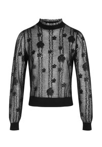 Zwarte mesh trui met lange mouwen, hoge gerimpelde halslijn, bloemenpatroon en ribgebreide zoom. Doorzichtig materiaal zorgt voor textuur en detail.