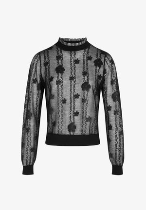 Maglione in rete nera con maniche lunghe, collo alto arricciato, motivo floreale e orlo a coste. Il tessuto trasparente aggiunge texture e dettaglio.