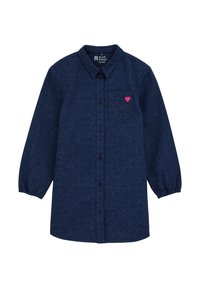 Camicia blu navy con bottoni, caratterizzata da un motivo a onde, maniche lunghe con polsini elasticizzati e un piccolo dettaglio a cuore rosa sul petto.