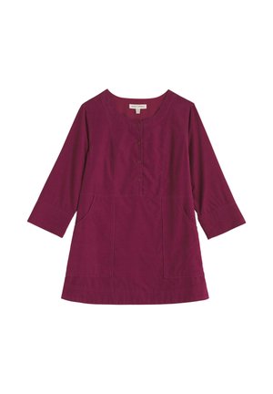 Tunika z dolgimi rokavi v globoko burgundski tkanini z okroglo izrezom, gumbnim zapiranjem in dvema sprednjima žepoma. Gladka tekstura, sproščen kroj.