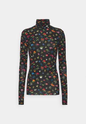 Zwarte lange mouwen coltrui met een kleurrijk klein gebloemd patroon met rode, oranje, blauwe, roze en witte bloemen verspreid over het gehele kledingstuk.