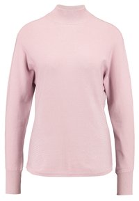 Maglione rosa chiaro con un colletto alto, maniche lunghe e polsini a coste. Tessuto morbido con una finitura liscia; vestibilità rilassata e design classico.