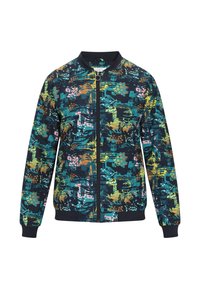 Jachetă bomber cu model în nuanțe de albastru marin, prezentând un amestec de desene abstracte în teal, roz, galben și alb. Guler și mansete ribbate. Fermuar la față.