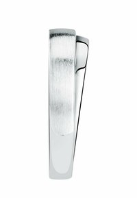 Silver- och krommetall slipsklämma med en borstad rektangulär framsida och en slät polerad baksida på vit bakgrund.