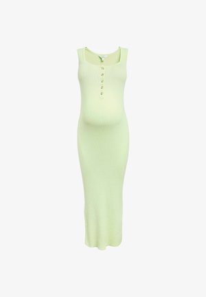 Rochie de maternitate verde deschis fără mâneci, tricotată cu model reiat, cu gât rotund și fanta cu nasturi în față, siluetă mulată, tiv la nivelul genunchilor.