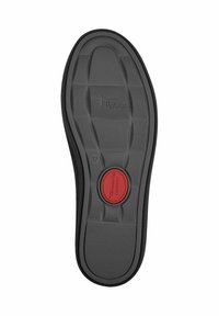 Suola di scarpa in gomma nera con una superficie testurizzata e un accento circolare rosso centrale contrassegnato con la parola "Comfort." Taglia indicata come 37.