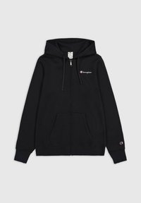 Felpa nera con zip realizzata in cotone, dotata di cappuccio con lacci, tasche frontali e logo Champion ricamato sul petto e sulla manica.