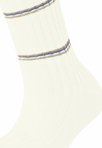 Calzino bianco a coste con tre strisce decorative in blu e marrone. La texture è liscia, con un tallone e una punta rinforzati.