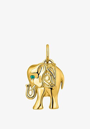 Amuleto de elefante dorado con patrones intrincados en su costado, una pequeña piedra turquesa como ojo y un lazo colgante para su sujeción.