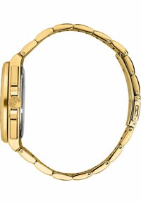 Guldtonad metallklocka med ett runt boett, länkad armband, slät yta och en synlig krona på sidan.