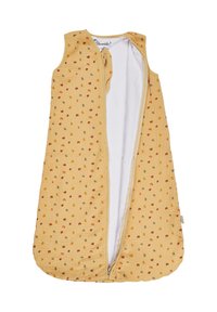 Schlafsack aus weichem, gelbem Stoff mit steppartigem Muster, verziert mit bunten, kleinen Punktmustern und einem frontalen Reißverschluss für einen einfachen Zugang.