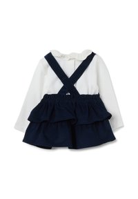Abito in velluto a coste blu navy con corpetto bianco a maniche lunghe, colletto arricciato e gonna a strati con balze. Spalline incrociate per una vestibilità sicura.