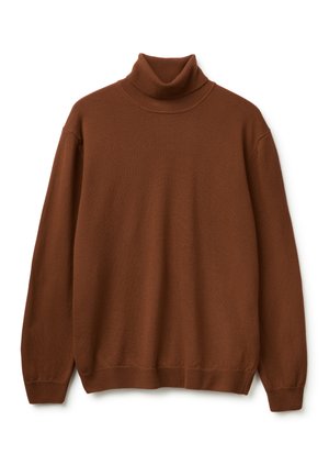 Hnědý rolák vyrobený z měkkého pleteného materiálu. Má uvolněný střih, dlouhé rukávy a žebrované detaily na krku a lemu.