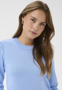 Pull tricot bleu clair avec un col rond côtelé et des manches longues, présentant une texture lisse et une silhouette ajustée.