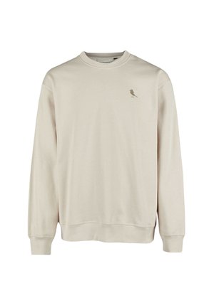 Beige sweatshirt made of soft cotton, featuring a crew neck, long sleeves, and a small bird design in a darker shade on the chest.