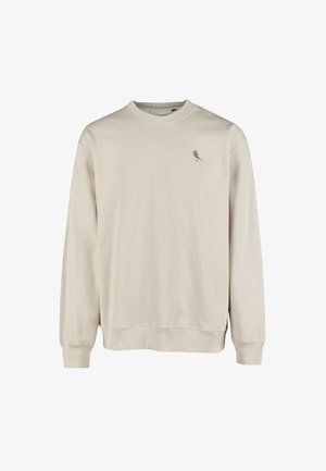 Beige sweatshirt made of soft cotton, featuring a crew neck, long sleeves, and a small bird design in a darker shade on the chest.