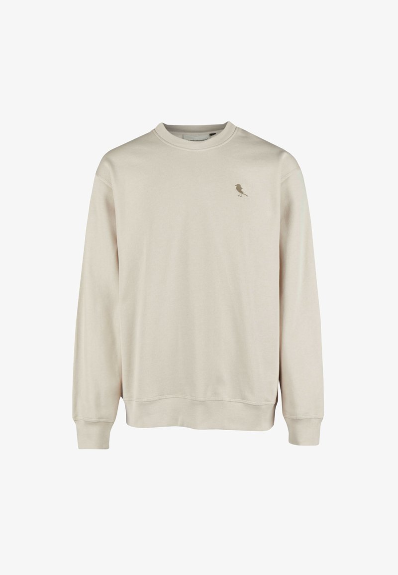 Beige Sweatshirt aus weichem Baumwollstoff, mit Rundhalsausschnitt, langen Ärmeln und einem kleinen Vogelmotiv in einer dunkleren Farbe auf der Brust.