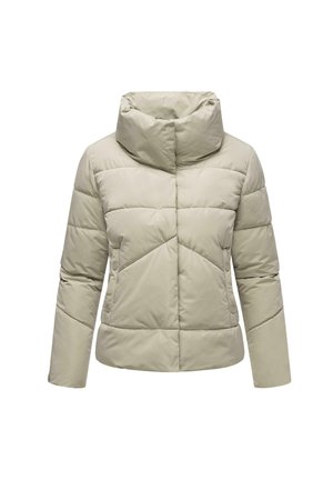 Giacca a vento beige chiaro con colletto alto, motivo geometrico trapuntato, bottoni a pressione sui lati e maniche lunghe.