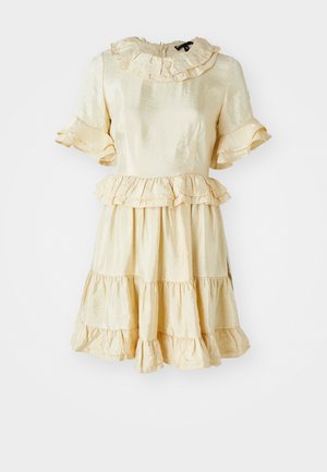 Yellow satin dress with a ruffled neckline and short sleeves. Features a tiered skirt and flounce accents. Smooth, shiny texture.