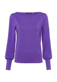 Pull en tricot violet avec un col rond, des manches longues bouffantes et des poignets et un ourlet côtelés. Texture douce avec un design léger.