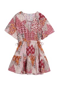 Haljina kratkih rukava, V-izreza u višebojnim patchwork uzorcima, s elastičnim strukom i nabranom suknjom. Izrađena od laganog materijala.