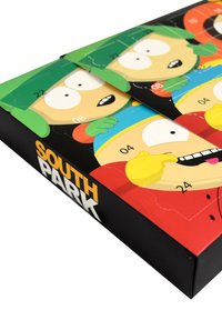 Calendario dell'avvento a tema South Park con personaggi dei cartoni animati di diversi colori. Scatola opaca nera con finestrelle ritagliate numerate da 01 a 24.