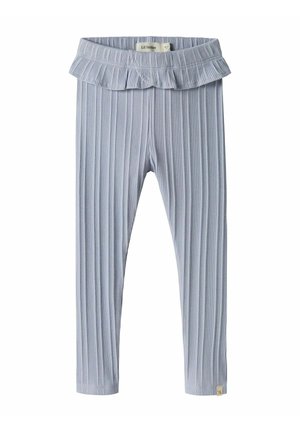 Light blue leggings made of ribbed fabric with a ruffled waistband. Features a snug fit and a small tag at the bottom hem.