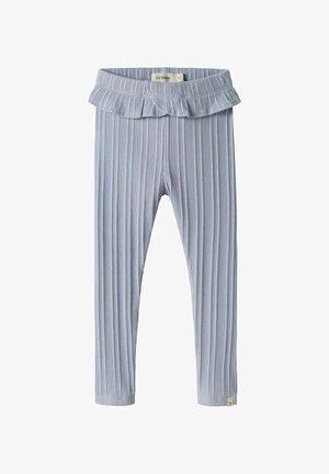 Light blue leggings made of ribbed fabric with a ruffled waistband. Features a snug fit and a small tag at the bottom hem.