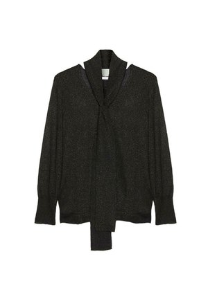 Czarna bluzka z kołnierzykiem do wiązania, długimi rękawami i połyskującą fakturą. Posiada elastyczne mankiety i luźny krój.