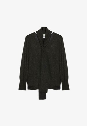 Czarna bluzka z kołnierzykiem do wiązania, długimi rękawami i połyskującą fakturą. Posiada elastyczne mankiety i luźny krój.