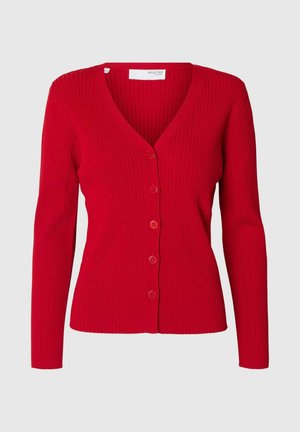 Rote gerippte Strickjacke mit V-Ausschnitt, langen Ärmeln und sechs passenden Knöpfen auf der Vorderseite. Hergestellt aus weichem, strukturiertem Stoff.