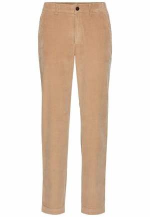 Beige corduroy broek met een rechte snit, voorzien van verticale textuur ribbels, een voorknopsluiting en zijzakken.