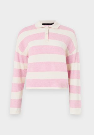 Langermet polo skjorte i beige og rosa horisontale striper, med krage og treknaps stolpe, med en kort design.