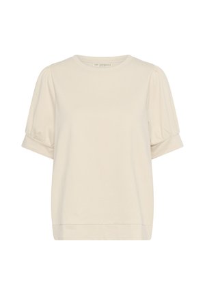 Krémový top s krátkým rukávem, kulatým výstřihem a nabíranými rukávy. Hladká bavlněná tkanina se rovnými lemy a minimalistickým designem.